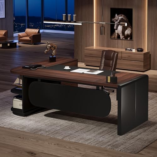 Tribesigns 80'' L-Shaped Desk, Large Executive Office Desk with 55'' Drawers Cabinet, Modern Computer Table with Storage Shelves, Business Furniture for Home Office, Walnut & Black - Image 5