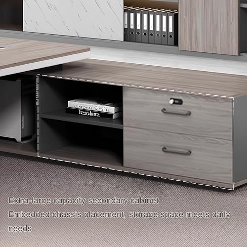 Modern L Shaped Executive Desk with Drawers & Storage, Executive Office Desk Computer Table with Aluminum Alloy Inlaid Curved Surface, Management Workstation for Home or Office(D-Right, L2.8M/110IN) - Image 5