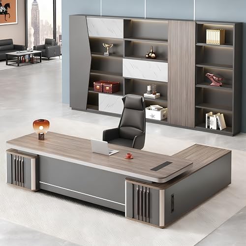 Executive Office Desk with Storage Cabinet,Modern l Shaped Executive Desk,50MM Thick Desktop for CEO Office, Reception & Commercial Workspace by Unknown