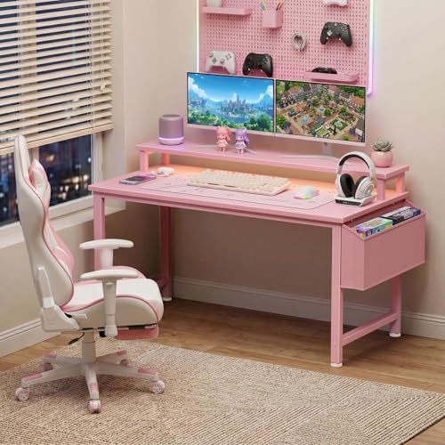 Lufeiya Girls Desk with Power Outlets and LED Lights, 40 Inch Gaming Desk Table with Charging Station, Home Office Computer Desks with Monitor, Pink - Image 2