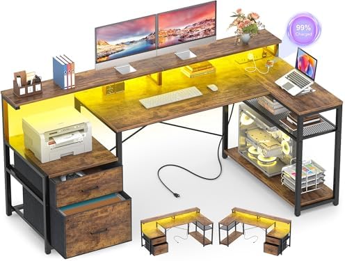 Aheaplus L Shaped Desk with File Drawer, Reversible L Shaped Gaming Desk by Aheaplus