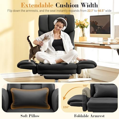 FelixKing Big and Tall Office Chair, 400LBS Wide Leather Executive Chair, Reversible Armrest for Pets Criss Cross Legged, 135° Reclining High Back Gaming Desk Chair with Lumbar Support Footrest, Black - Image 4