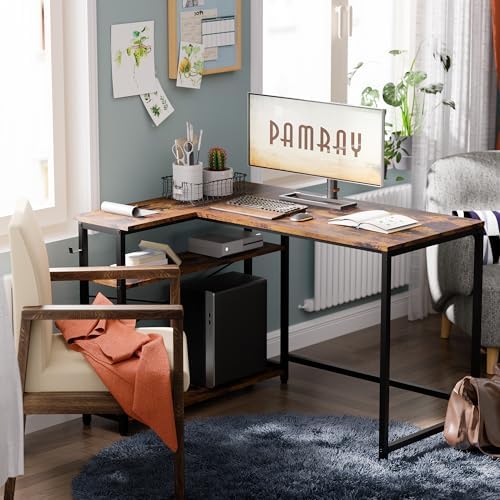 Pamray 43 Inch L Shaped Computer Desk with Reversible Side Storage Shelves, Small Corner Desk for Small Space Home Office,Writing Study Table PC Desk for Bedroom,Vintage - Image 2