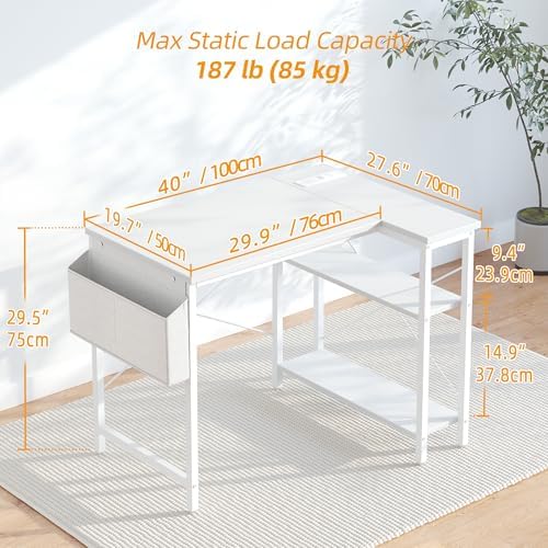 TIQLAB Small Computer Desk with Power Outlets, 40 Inch L Shaped Desk with Reversible Shelves, Gaming Desk Corner Desk Study Writing Desk for Home Office Bedroom Small Space, White - Image 3