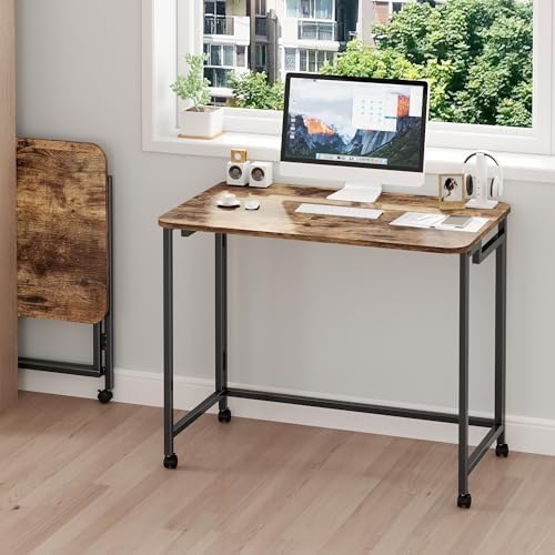 JSB Folding Desk for Small Spaces,Mobile Portable Rolling Laptop PC Table on Wheels,Foldable Computer Desk for Home Office,Bedroom,Dorm,Space Saving (Rustic & Brown, 31.5") - Image 3