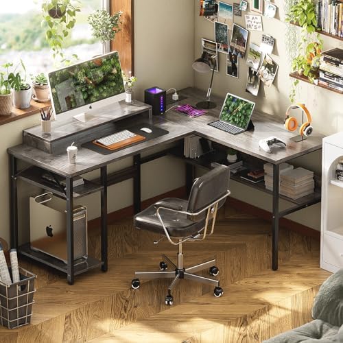 Unikito Reversible L Shaped Desk with Power Outlets and RGB LED Light, Sturdy Computer Desk with Ergonomic Monitor Stand and Storage Shelves, Corner Desk for Home Office, Easy Assembly, Black Oak - Image 2