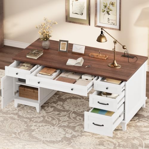 60" Executive Desk with Power Outlet, Home Office Desk with Drawers, Wooden Work Desk with File Cabinet, Computer Desk for Work, Study, Writing, White and Brown - Image 4