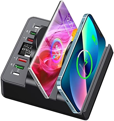 Wireless Charging Station with 6 USB Ports, 8 in 1 15W Dual Wireless Charger Station, 2 QC/2 PD USB Fast Charging Station, 80W Phone Charger for iPhone14/13/12/11/X/Samsung/Android/iWatch by TPfocus
