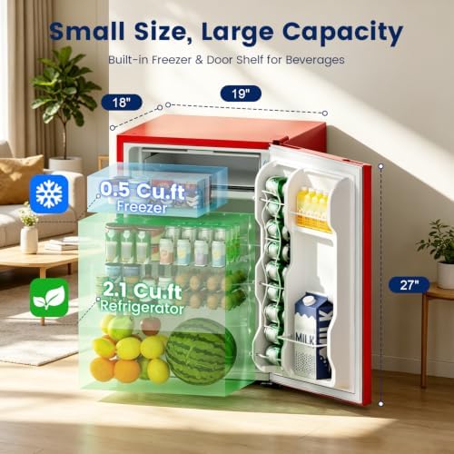 BANGSON 2.6 Cu Ft Small Fridge with Freezer for Office Red - Image 2
