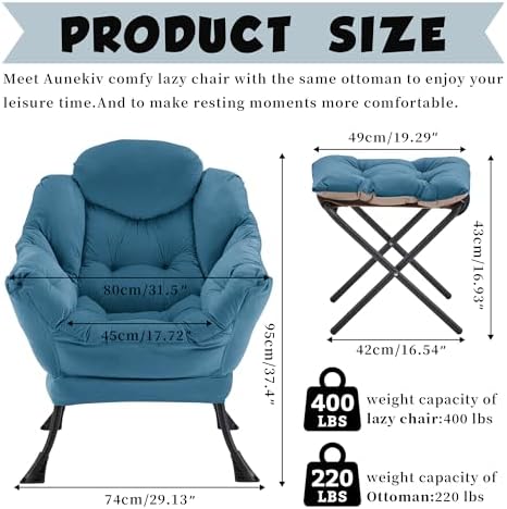 Lazy Chair with Ottoman, Comfy Reading Chair, Blue - Image 3