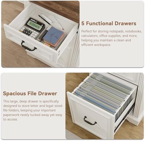 Farmhouse L Shaped Executive Desk with 4 Drawers, Home Office Desk with Hidden Under-Desk Storage Shelf and Charging Station, File Cabinet Storage, Wood Corner Computer Desk for Work(White+Brown) - Image 6
