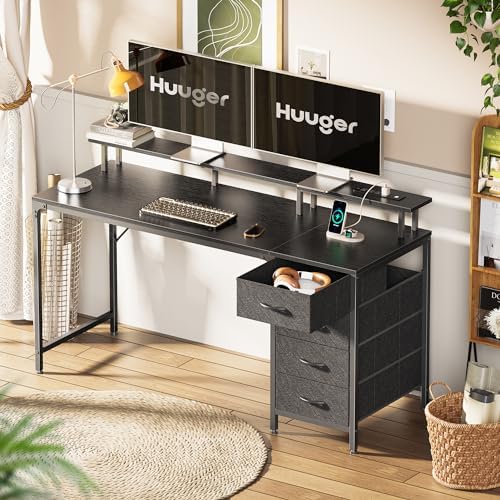 Huuger 55 Inch Computer Desk with Power Outlets and LED Lights, Gaming Desk with 4 Drawers, Office Desk with Monitor Stand, Study Work Home Office, Black - Image 2