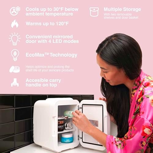Cooluli Glow 4L Mini Skincare Fridge with Mirror & LED Light - Small Refrigerator for Skin Care, Makeup, Food & Drinks - Portable Mini Fridge for Bedroom & Office, 100-240V, White Mirror LED - Image 2