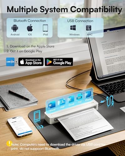 D90E Portable Printer Wireless for Travel, Bluetooth & USB Inkless Printer Supports 8.5 x 11 Inch Thermal Paper, Compatible with Phone Laptop for Home Use Car Office School, Beige - Image 2