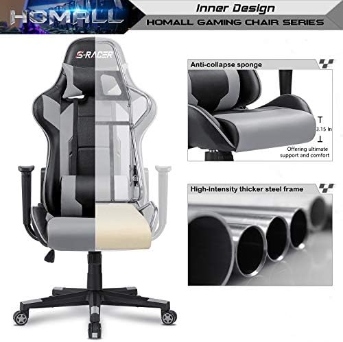 Homall Gaming Chair, Office Chair High Back Computer Chair Leather Desk Chair Racing Executive Ergonomic Adjustable Swivel Task Chair with Headrest and Lumbar Support (Grey) - Image 5