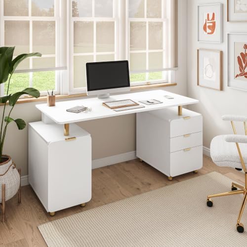 Techni Mobili 57"W Computer Desk w/ 3 Drawers & Storage Cabinet, White/Gold - Image 2
