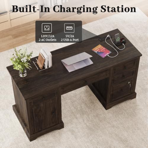 Vipbear 59" Farmhouse Executive Desk with Drawers, Wood Home Office Computer Desk, Featuring Lockable File Drawer, Storage Cabinet & Power Outlet Storage Cabinet for Work Study Writing (Walnut Brown) - Image 3