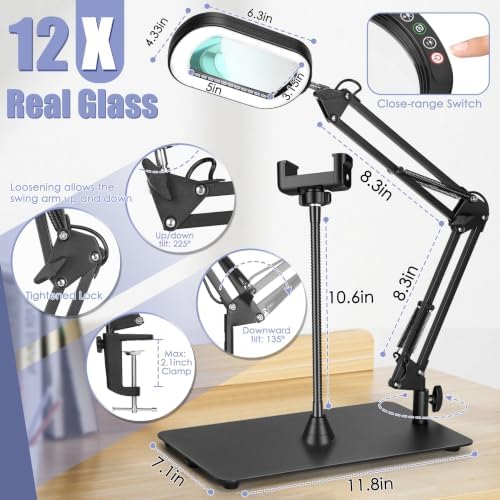 12X Square Magnifying Glass with Light and Stand, Real Glass LED Lighted Magnifier and Phone Holder, 5 Color Modes Stepless Dimmable, Hands-Free Desk Lamp for Craft Hobby Close Work Black and Holder - Image 4