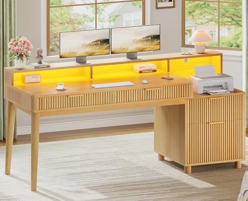 SEDETA 59" Computer Desk with 4 Storage Drawers, Fluted Wood Office Desk with File Drawer, LED Lights and Power Strip, Gaming Table Writing Desk for Home Office, Living Room, Bedroom, Oak by SEDETA