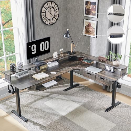 RedLemon 75x60 Inches L Shaped Electric Standing Desk, Dark Rustic Oak by REDLEMON