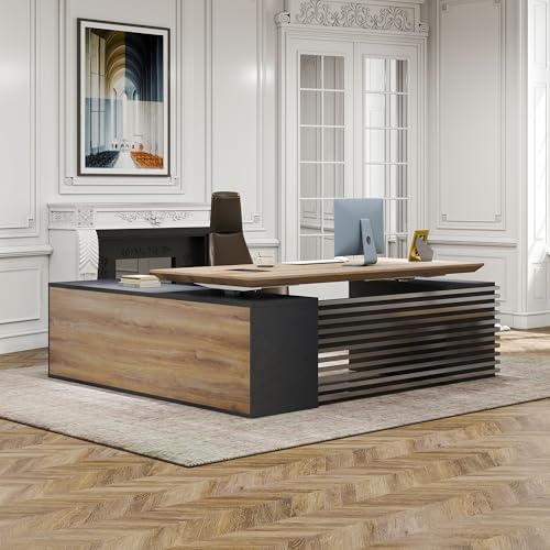 Electric Height Adjustable Executive Desk, Luxury L-Shaped Office Desk with Storage Cabinet & Charging Station, Solid Thickened Desktop, 86" Modern CEO Workstation for Home Office & Corporate Office - Image 3