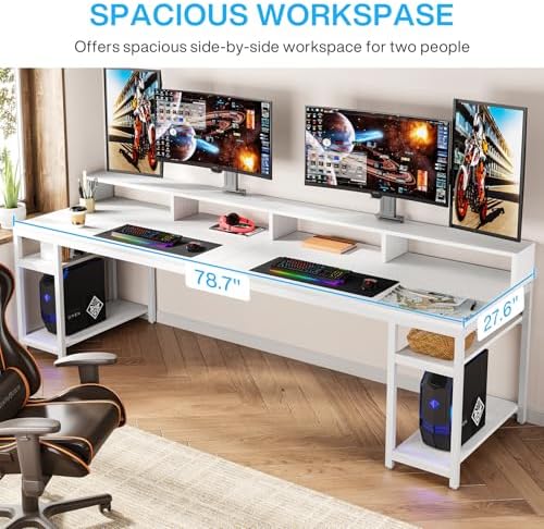 Tribesigns Two Person Desk with Monitor Stand, 78.74" Long Double Computer Office Desk with Storage Shelves, Large Gaming Desk Study Writing Table Workstation for Home Office (White) - Image 3