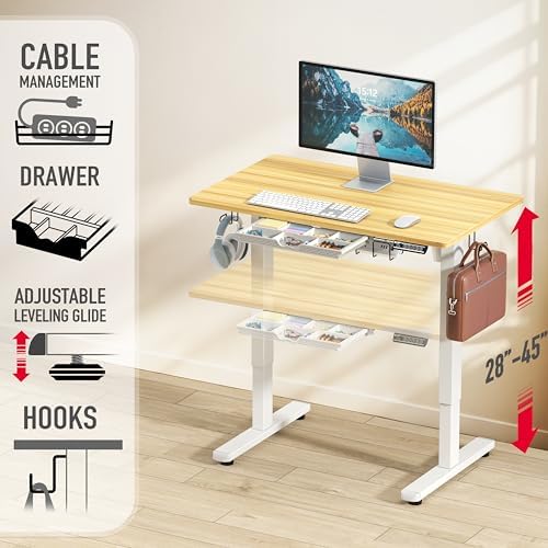 SHW 40-Inch Electric Height Adjustable Standing Desk w/Drawer, Oak - Image 3