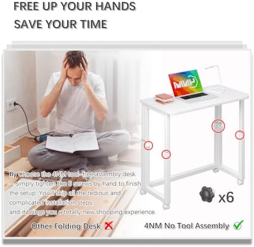 4NM No Tool Assembly 27.5" Small Desk, Folding Portable Desk with Wheels, Adjustable Height Foldable Computer Home Office Desks, Collapsible Study Writing Table for Space Saving Bedroom - All White - Image 6
