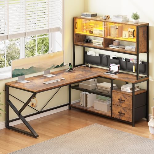 SEDETA L Shaped Office Desk with Storage Shelves, 2 Drawer, LED Light by SEDETA