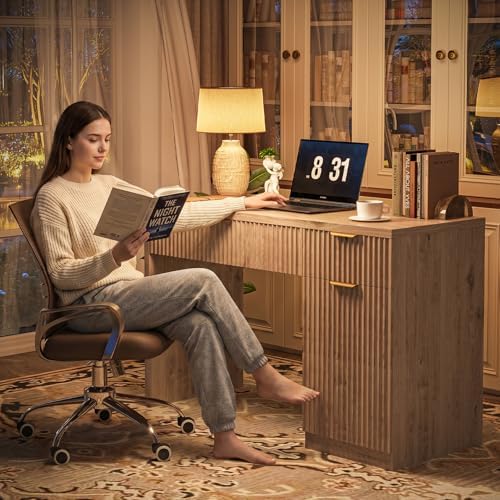 Vabches Farmhouse 47" Fluted Executive Desk with Drawers, Oak - Image 7