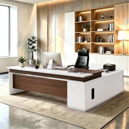 L Shaped Executive Desk with Drawers, Large Wood Workstation, Modern Executive Office Furniture for Home Office and Business Workspace, Multiple Sizes & Colors by Unknown
