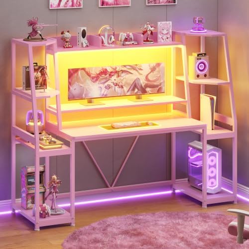 SEDETA 65.7'' Gaming Desk with LED Lights, Hutch and Storage Shelves, Pink by SEDETA