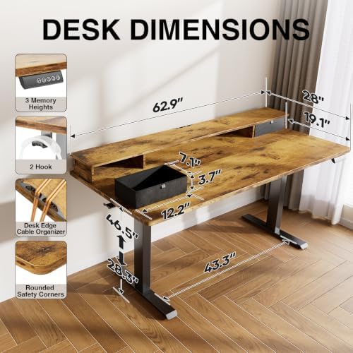 Veken 63x28 in Electric Standing Desk with Drawers, Adjustable Table, Brown - Image 3