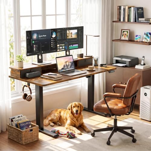 Veken 55x26 in Electric Standing Desk with Drawers, Adjustable Table, Brown - Image 2