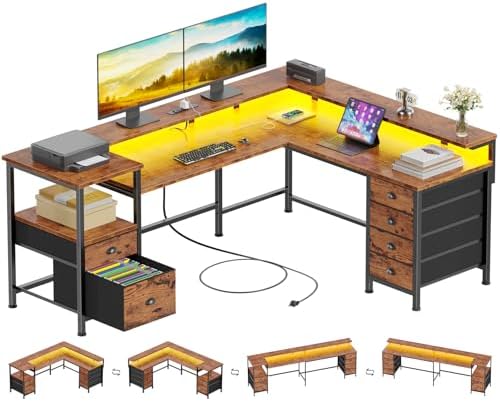 Furologee 66'' L Shaped Computer Desk with 6 Drawers & LED, Rustic Brown by Furologee