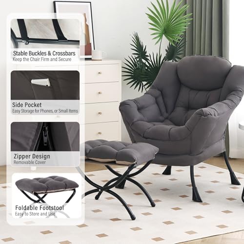 Furlide Lazy Chair with Ottoman, Modern Chair with Folding Footrest, Dark Grey Accent Chair, Comfortable Reading Chair, Oversized Armchairs for Bedroom, Study, Living Room, Courtyard - Image 5