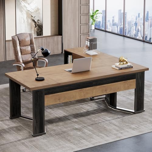 Tribesigns 70.86" Executive Desk with Mobile File Cabinet, Large L Shaped Computer Office Desk with 2 Drawers and Storage Shelves, Business Furniture Desk Workstation for Home Office (Light Brown) by Tribesigns