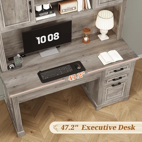 SEDETA Office Desk with 3 Drawers, 47.2" Executive Computer Desk with Storage Drawers and Hutch Cabinet, Wood Farmhouse Desk with Power Outlet for Home Office, Grey - Image 5