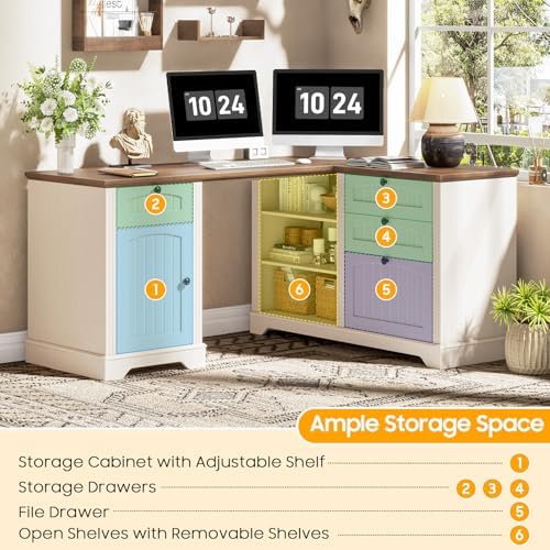 Farmhouse L Shaped Desk with Drawers, Corner Computer Desk for Home Office - Image 4
