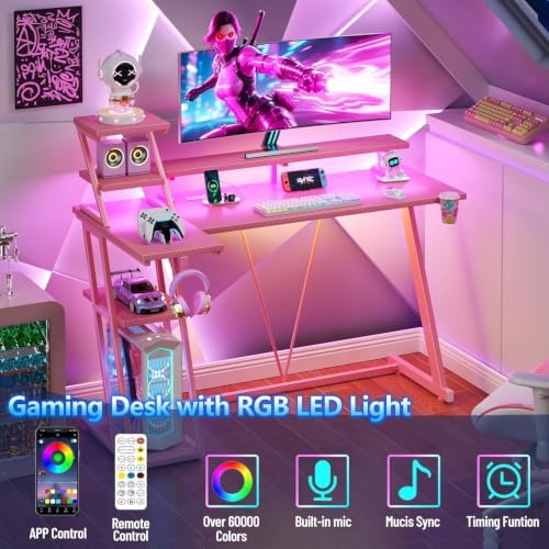 Korfile 47 Inch Pink Gaming Desk with LED Lights & Power Outlet, Gaming Computer Desk with Storage Shelves, L Shaped Gamer Workstations with Monitor Stand for Bedroom - Image 4