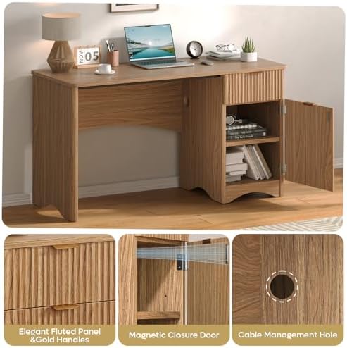 Bestier Computer Desk with Drawer, 47 inch Office Desk with Storage Cabinet, Modern Wood Desk Adjustable Shelves for Home Office Bedroom Study, Brown Oak - Image 3