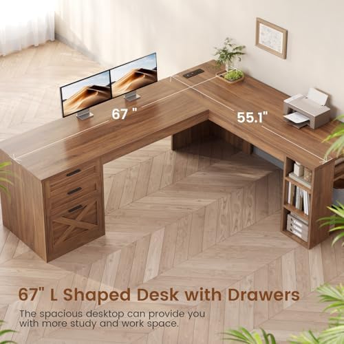 SEDETA 67" Farmhouse Executive L Shaped Desk with 3 Drawers - Image 5