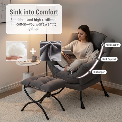 Furlide Lazy Chair with Ottoman, Modern Chair with Folding Footrest, Dark Grey Accent Chair, Comfortable Reading Chair, Oversized Armchairs for Bedroom, Study, Living Room, Courtyard - Image 4