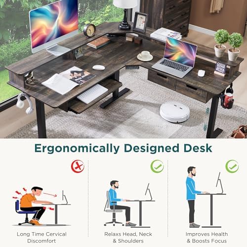 RedLemon 60 Inches L Shaped Electric Standing Desk, Dark Rustic Oak - Image 4