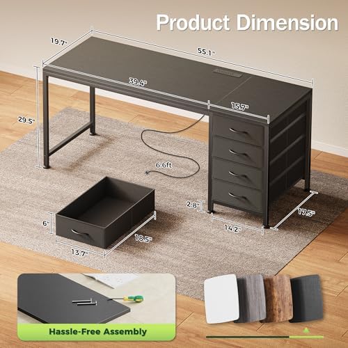 PRAISUN 55.1 Inch Computer Office Desk with Power Outelts and USB-C Port, Reversible Gaming Desk with 4 Fabric Drawers, Work Study Desk Work from Home, Black - Image 3