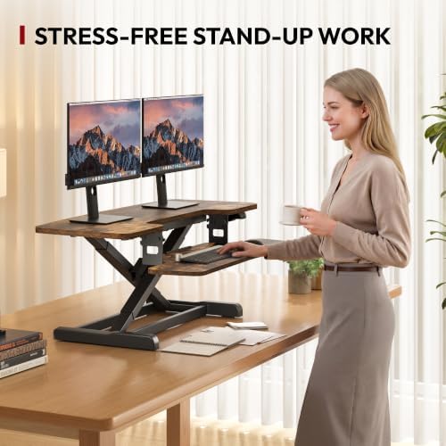 SANODESK Standing Desk Converter with Electric Motor 42" Height Adjustable Riser for Office Home,Dual Monitor and Laptop Workstation with Large Keyboard Tray, Rustic Color - Image 4