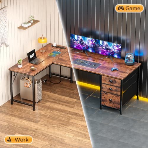 Furologee 55" L Shaped Desk with Power Outlets & USB-C Port, Reversible Corner Office Desk with File Drawers, Work Study Gaming Table for Home Office, Dorm, Rustic Brown - Image 6