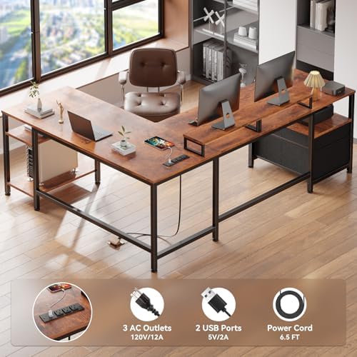 Furologee 66” L Shaped Desk with Power Outlet, Reversible Home Office Desk with File Drawer, 2 Monitor Stands, Storage Shelves, Corner Computer Table for Gaming, Writing, Rustic Brown - Image 4