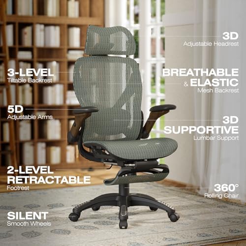 ELABEST X100 Ergonomic Mesh Office Chair with Footrest, Big and Tall Home Desk Chair with 5D Flip-Up Arms, Adjustable 3D Lumbar Support, Gaming & Executive Computer Chair - Image 3