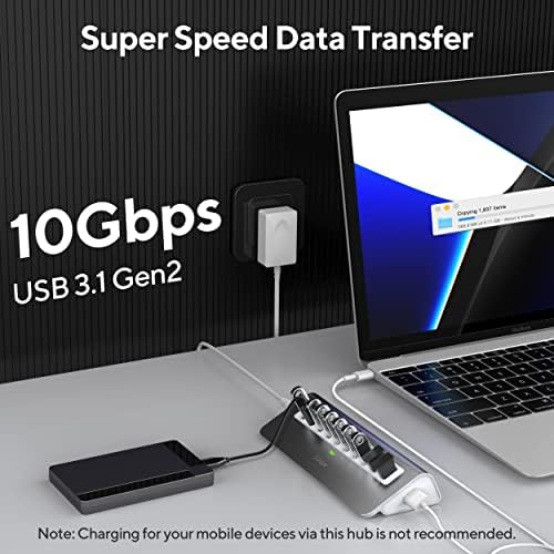 Powered USB Hub 10Gbps, intpw USB Port Hub with 10 Port USB 3.1 Data, 36W Power Adapter, 3.3FT USB-A & USB-C Cables, Aluminum USB Hub for PC, Laptop, Mac, Desktop - Image 3